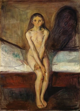 Reproduction of Puberty by Edvard Munch - Graphic design featuring a seated figure with long hair in muted colors.