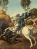 Reproduction of Saint George and the Dragon by Raphael Santi. Knight on a white horse battles a green dragon.