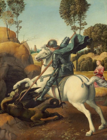 Reproduction of Saint George and the Dragon by Raphael Santi. Knight on a white horse battles a green dragon.