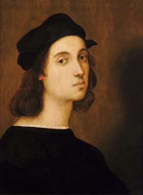 Self-portrait reproduction by Raphael Santi. Man with long hair in a black hat against a backdrop.
