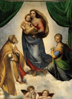 Sistine Madonna reproduction by Raphael Santi. Figures in clouds, Madonna with Child, angels, drapes.