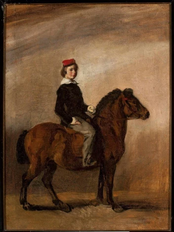 Artist\'s reproduction of a man on a pony in dark attire with a red hat by Piotr Michałowski.