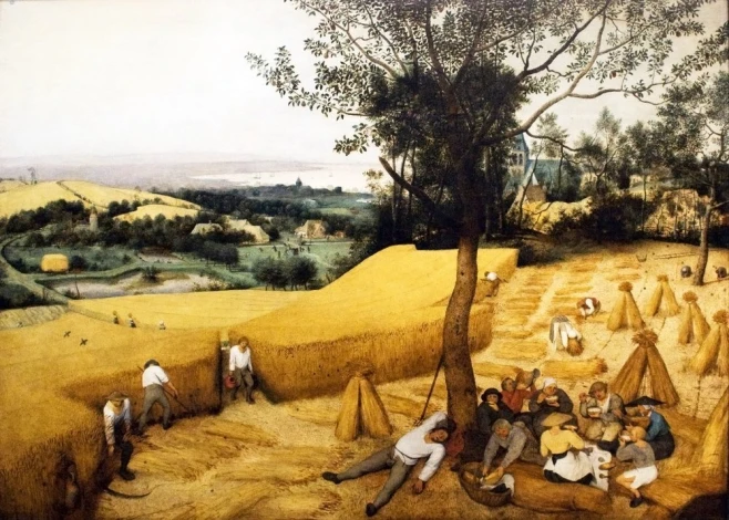 Reproduction of The Harvesters by Pieter Bruegel - A scene of people harvesting grain in golden fields.