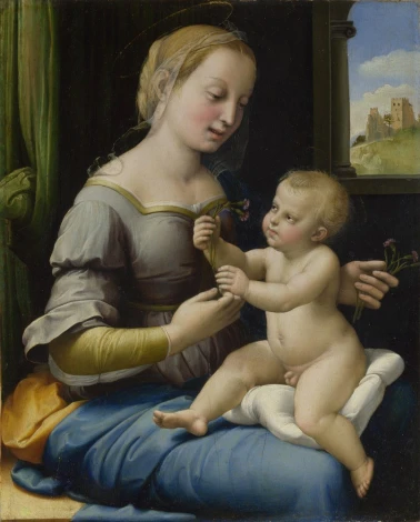 Reproduction of The Madonna of the Pinks by Raphael - Graphic design featuring the Virgin Mary and Baby Jesus in natural colors.