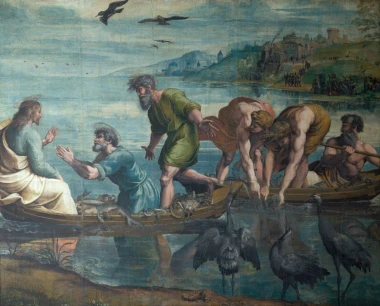 Reproduction of The Miraculous Draft of Fishes by Raphael - Graphic design featuring figures in a boat, fishermen, water, and birds.