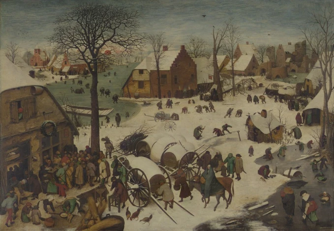 Reproduction of The Numbering at Bethlehem by Pieter Bruegel - Winter scene with figures, carts, and houses in the background.
