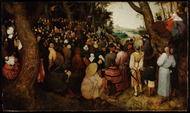 Reproduction of The Sermon of Saint John the Baptist by Pieter Bruegel - Graphic design. Crowd in diverse outfits.