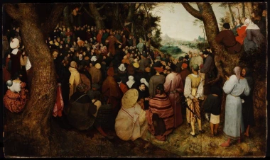 Reproduction of The Sermon of Saint John the Baptist by Pieter Bruegel - Graphic design. Crowd in diverse outfits.