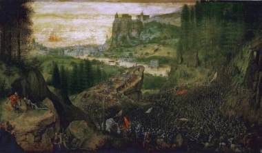 Reproduction of The Suicide of Saul by Pieter Bruegel - Graphic design featuring a battle scene with figures, trees, and a castle.