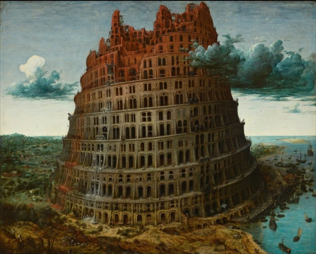 Reproduction of The Tower of Babel (1563-1565) by Pieter Bruegel - High tower with multiple horizontal sections.