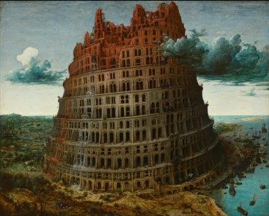 Reproduction of The Tower of Babel (1563-1565) by Pieter Bruegel - High tower with multiple horizontal sections.