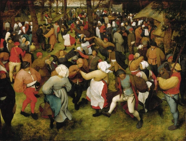 Reproduction of The Wedding Dance by Pieter Bruegel - Graphic design featuring an outdoor dance scene with moving figures.