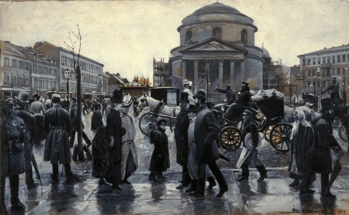 Reproduction of Three Crosses Square in Warsaw by Władysław Podkowiński. Depicts a bustling square scene.