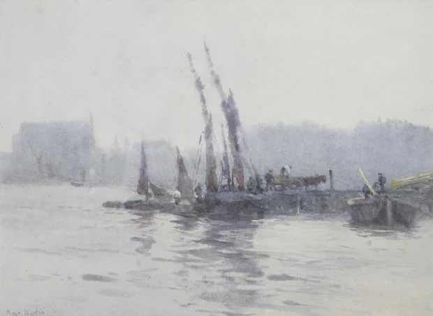 Reproduction of Boats in a Harbour by Rose Maynard Barton. The image depicts boats on water in a misty setting.