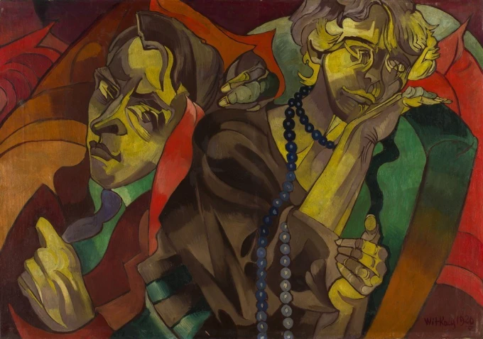 Reproduction of Two Heads by Stanisław Ignacy Witkiewicz, featuring two figures with distinct shapes.