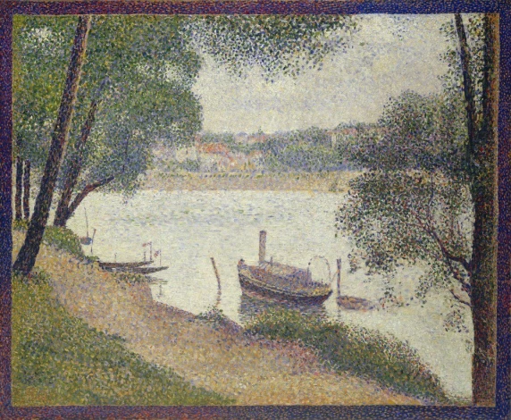 Gray Weather, Grande Jatte by Georges Seurat - Graphic print featuring water, boats, and trees in various shades.