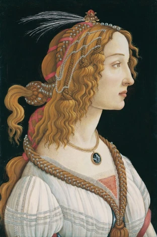 Reproduction of Idealized Portrait of a Lady by Sandro Botticelli - Graphic design featuring a woman in profile with flowing hair.