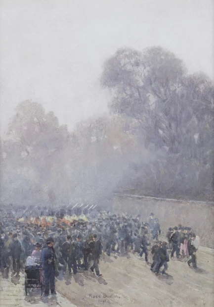 Reproduction of a marching band and crowd by Rose Maynard Barton. People in costumes with flags, trees in the background.