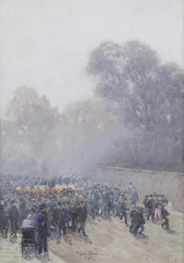 Reproduction of a marching band and crowd by Rose Maynard Barton. People in costumes with flags, trees in the background.
