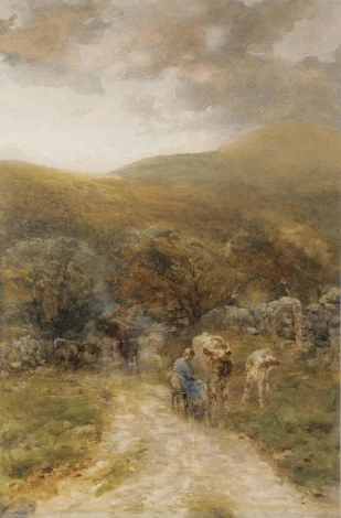 Reproduction of Milking Time by Rose Maynard Barton - A rural scene with figures and cattle on a road, mountains in the background.