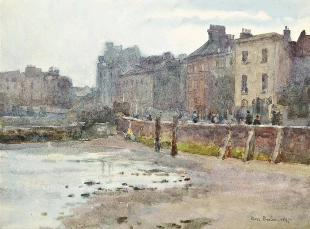 Reproduction of Old Chelsea Wall, London by Rose Maynard Barton - Graphic design featuring buildings by the water.