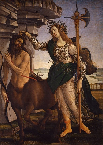 Reproduction of Pallade and the Centaur by Sandro Botticelli. Female figure in robes holding a spear, beside her.