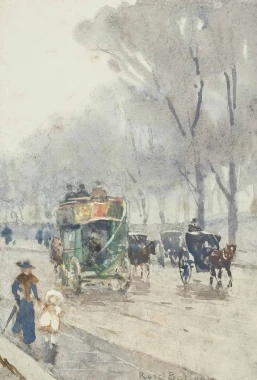Reproduction of Park Lane with omnibus by Rose Maynard Barton. The image depicts a street with a carriage and trees.