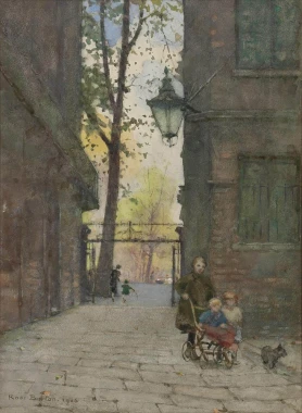 Parks Place reproduction, Knightsbridge, London by Rose Maynard Barton - Graphic design. Tree-lined street with children on bikes.