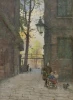 Parks Place reproduction, Knightsbridge, London by Rose Maynard Barton - Graphic design. Tree-lined street with children on bikes.
