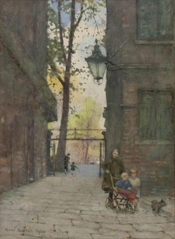 Parks Place reproduction, Knightsbridge, London by Rose Maynard Barton - Graphic design. Tree-lined street with children on bikes.