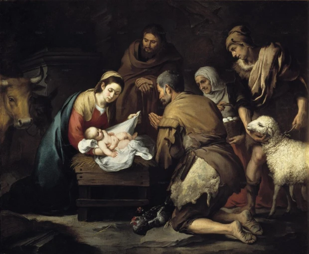 Shepherds\' Adoration reproduction by Bartolome Esteban Murillo - Graphic design. Figures kneeling around the manger with animals in the background.
