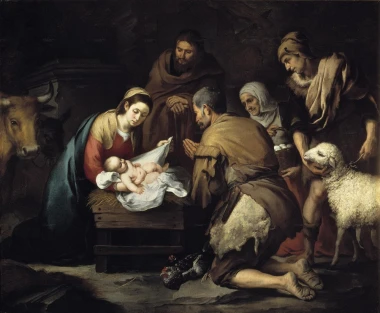Shepherds\' Adoration reproduction by Bartolome Esteban Murillo - Graphic design. Figures kneeling around the manger with animals in the background.