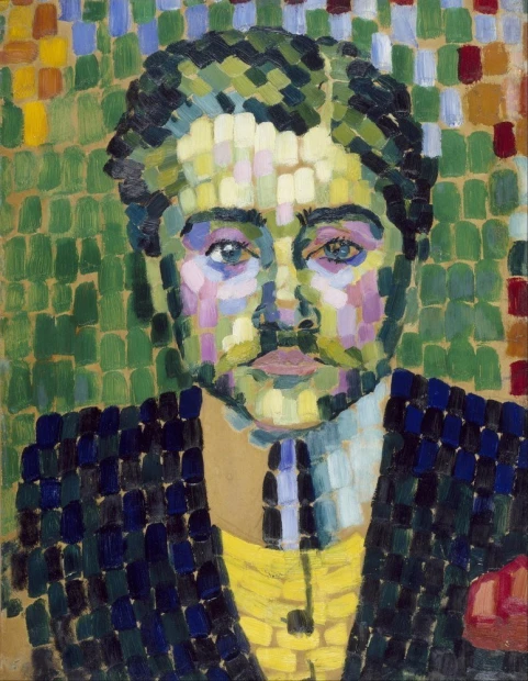 Reproduction of Jean Metzinger\'s Portrait, Robert Delaunay - Graphic pattern. The image features a face with geometric shapes.