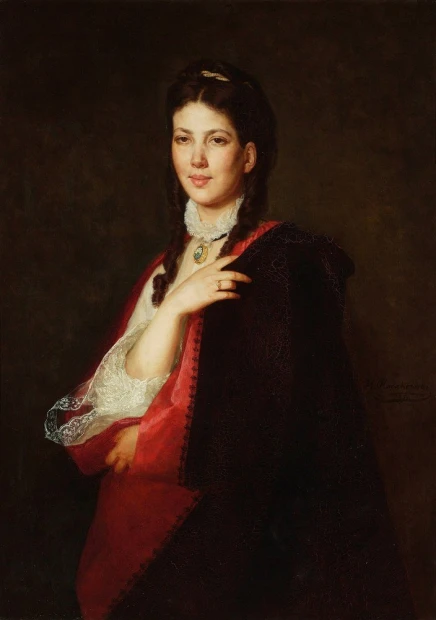 Reproduction of the portrait of Leonia Blühdorn by Henryk Rodakowski. Elegant woman figure in graphic design.