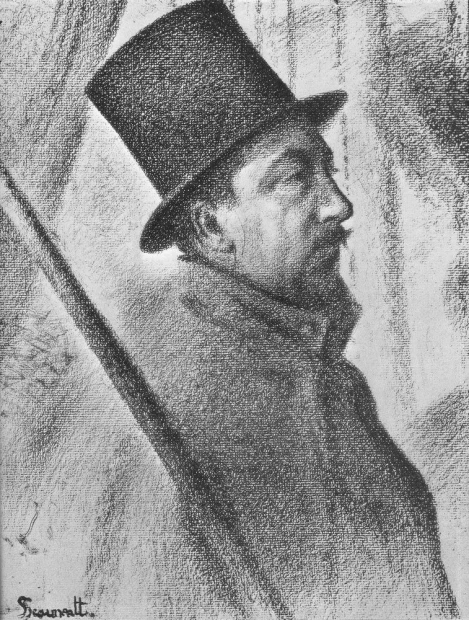 Reproduction of Portrait of Paul Signac by Georges Seurat. The image features a profile of a man in a top hat.