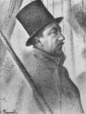 Reproduction of Portrait of Paul Signac by Georges Seurat. The image features a profile of a man in a top hat.