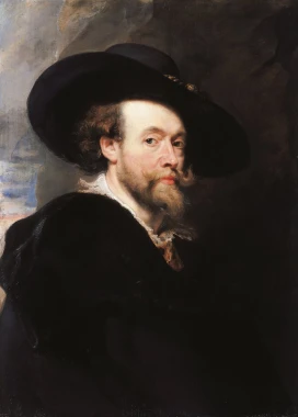 Reproduction of Portrait of the Artist by Peter Paul Rubens. Man in a hat with a beard looking to the side.