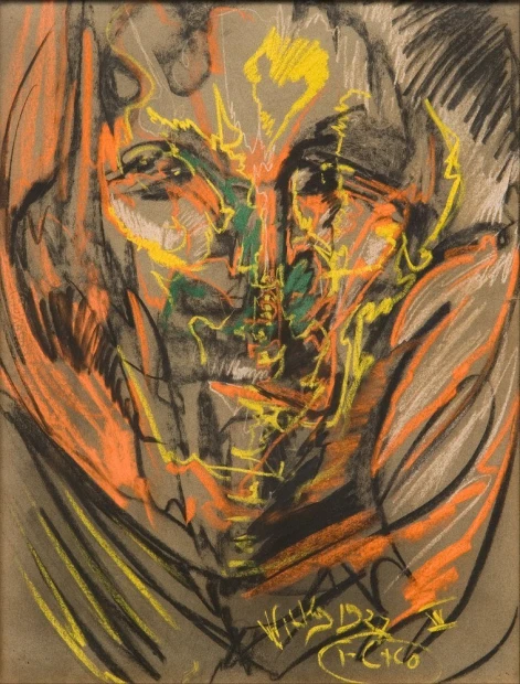 Portrait reproduction of Helena Białynicka-Birula by Stanisław Ignacy Witkiewicz, featuring a graphic design.