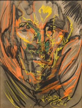 Portrait reproduction of Helena Białynicka-Birula by Stanisław Ignacy Witkiewicz, featuring a graphic design.