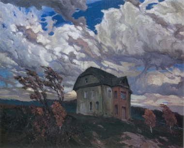 Reproduction of Pustka - Old Nest by Ferdynand Ruszczyc. The image depicts a house on a hill under clouds.