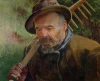 Reproduction of Return from the Field by Jacek Malczewski. A bearded man holds a tool with greenery in the background.