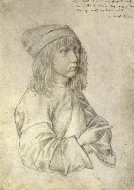 Reproduction of Self-portrait at thirteen by Albrecht Durer - Graphic design. Young boy with long hair.