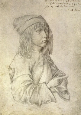 Reproduction of Self-portrait at thirteen by Albrecht Durer - Graphic design. Young boy with long hair.