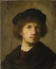 Self-portrait reproduction by Rembrandt. The image features a man with curly hair and a hat.