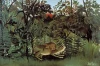 Reproduction of The Hungry Lion Attacking an Antelope by Henri Rousseau. The image features a lion in a dense jungle.