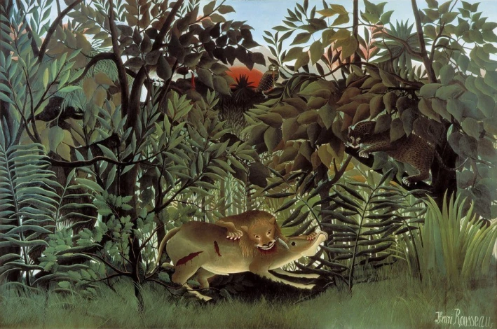 Reproduction of The Hungry Lion Attacking an Antelope by Henri Rousseau. The image features a lion in a dense jungle.
