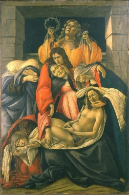 Reproduction of The Lamentation over the Dead Christ by Sandro Botticelli - Graphic design featuring mourners around the body.