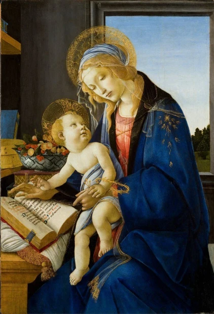 Reproduction of The Virgin and Child by Sandro Botticelli - Graphic design featuring Madonna and Child in muted colors.