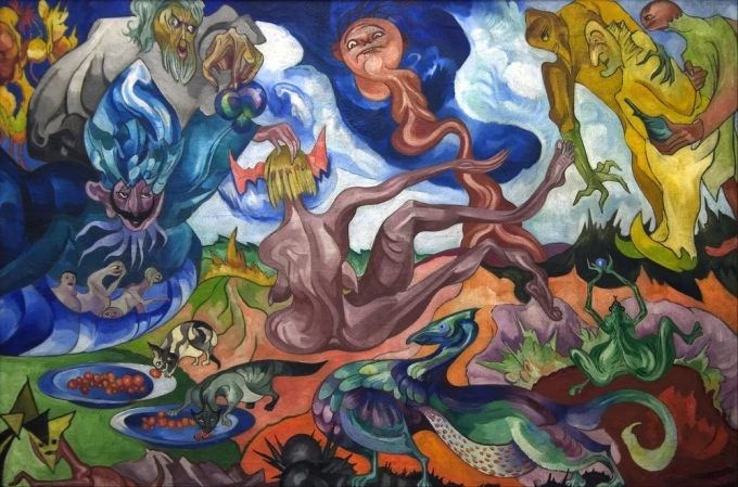 World Creation reproduction by Stanisław Ignacy Witkiewicz, featuring human figures in a graphic design.
