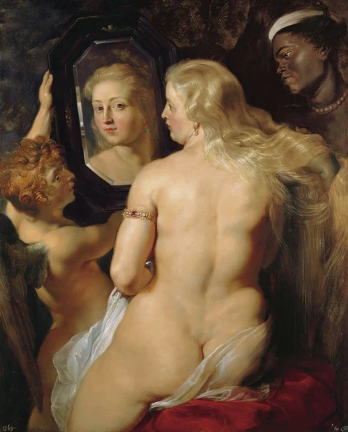 Reproduction of Venus at a Mirror by Peter Paul Rubens. The image features a nude woman with long hair and an angel.